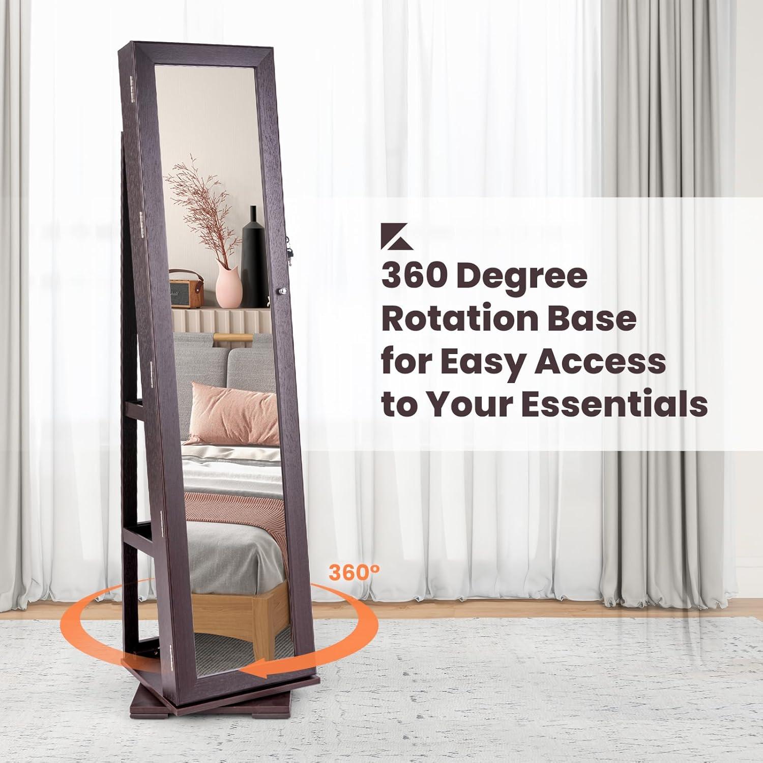 image:imageCHARMAID 360 Swivel Jewelry Armoire with Higher Full Length Mirror Standing Lockable Jewelry Cabinet Organizer with Large Storage Capacity Inside Makeup Mirror Back Storage Shelves WalnutEspresso