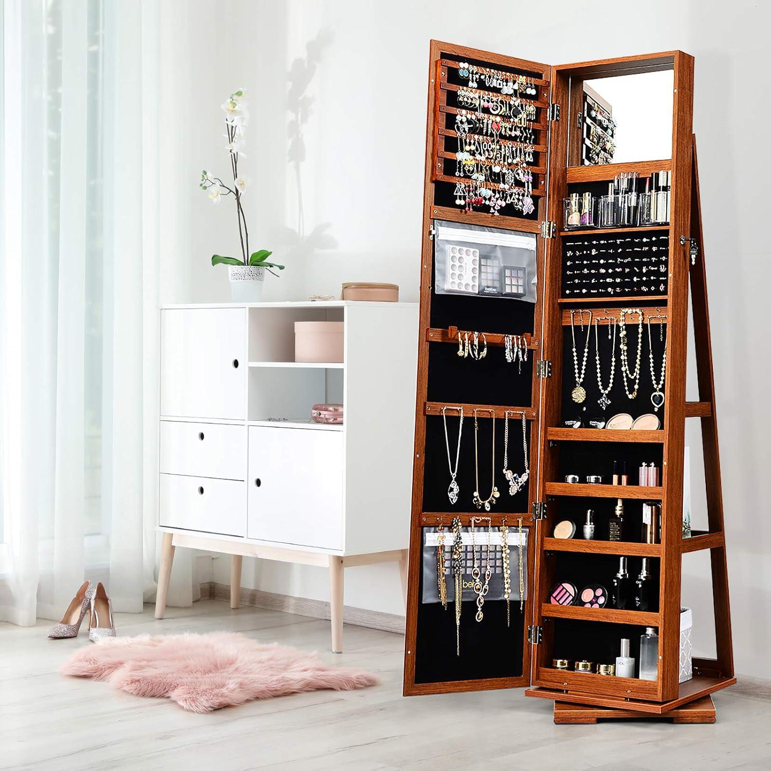 image:imageCHARMAID 360 Swivel Jewelry Armoire with Higher Full Length Mirror Standing Lockable Jewelry Cabinet Organizer with Large Storage Capacity Inside Makeup Mirror Back Storage Shelves WalnutWalnut