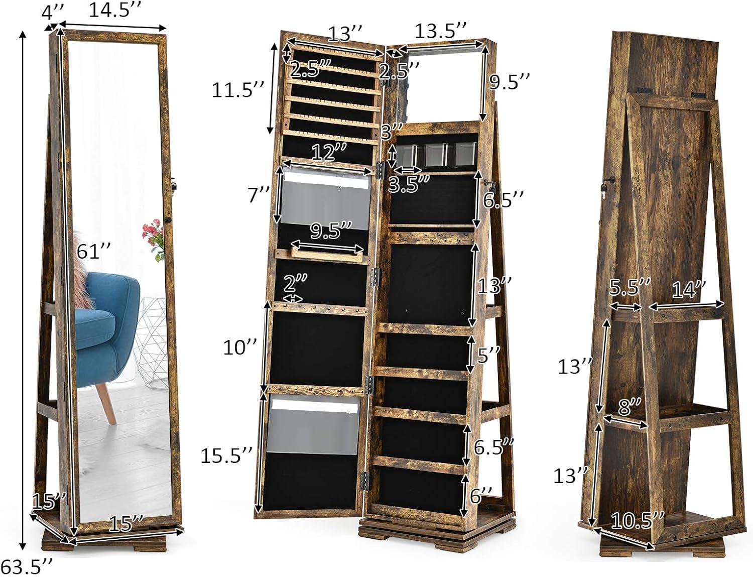 image:imageCHARMAID 360 Swivel Jewelry Armoire with Higher Full Length Mirror Standing Lockable Jewelry Cabinet Organizer with Large Storage Capacity Inside Makeup Mirror Back Storage Shelves WalnutRustic Brown