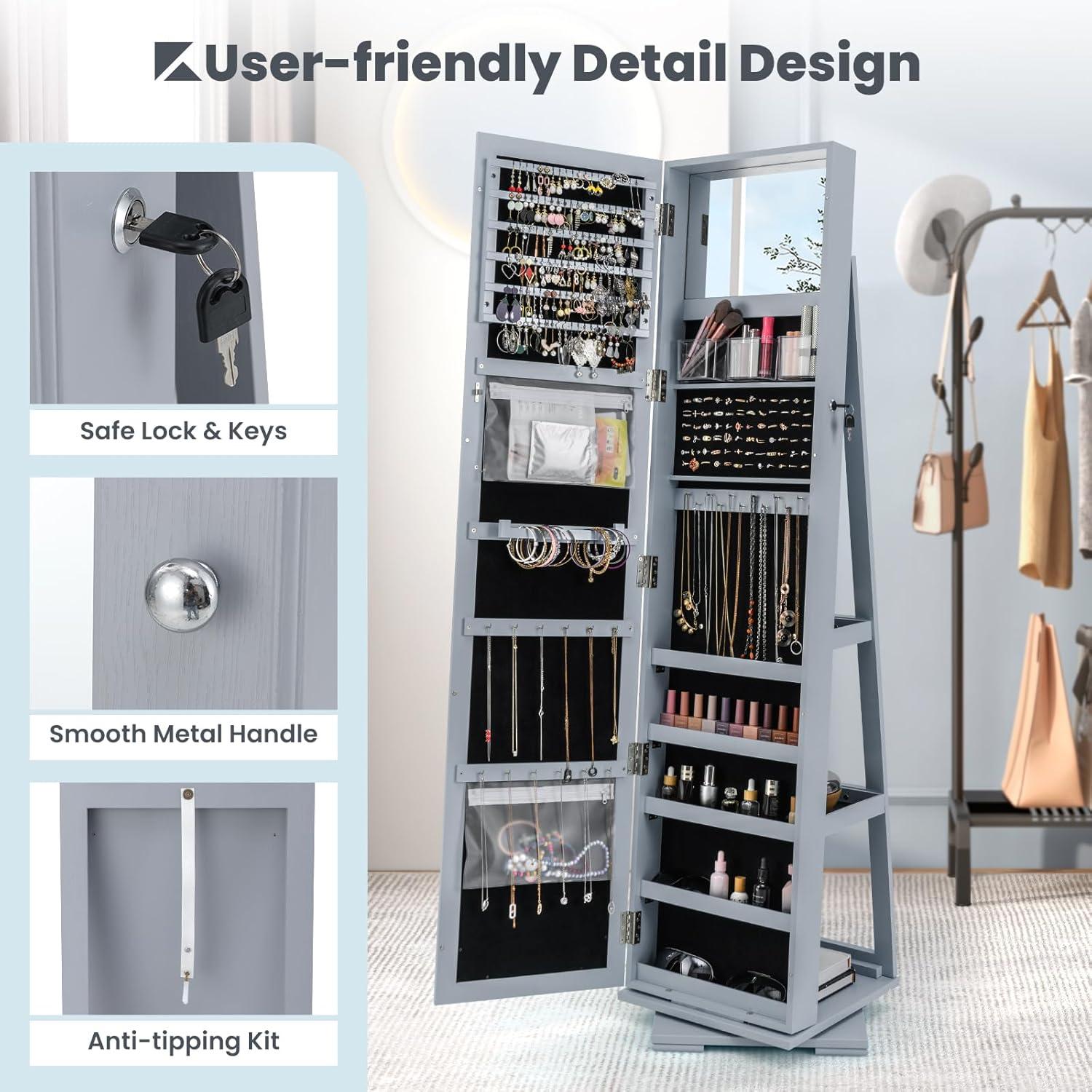 image:imageCHARMAID 360 Swivel Jewelry Armoire with Higher Full Length Mirror Standing Lockable Jewelry Cabinet Organizer with Large Storage Capacity Inside Makeup Mirror Back Storage Shelves WalnutGray