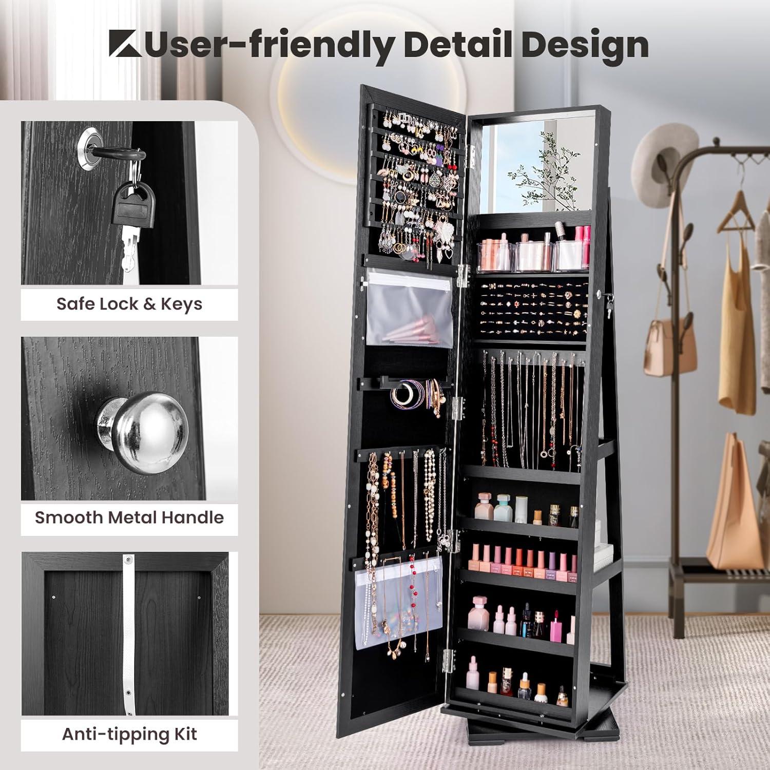 image:imageCHARMAID 360 Swivel Jewelry Armoire with Higher Full Length Mirror Standing Lockable Jewelry Cabinet Organizer with Large Storage Capacity Inside Makeup Mirror Back Storage Shelves WalnutBlack