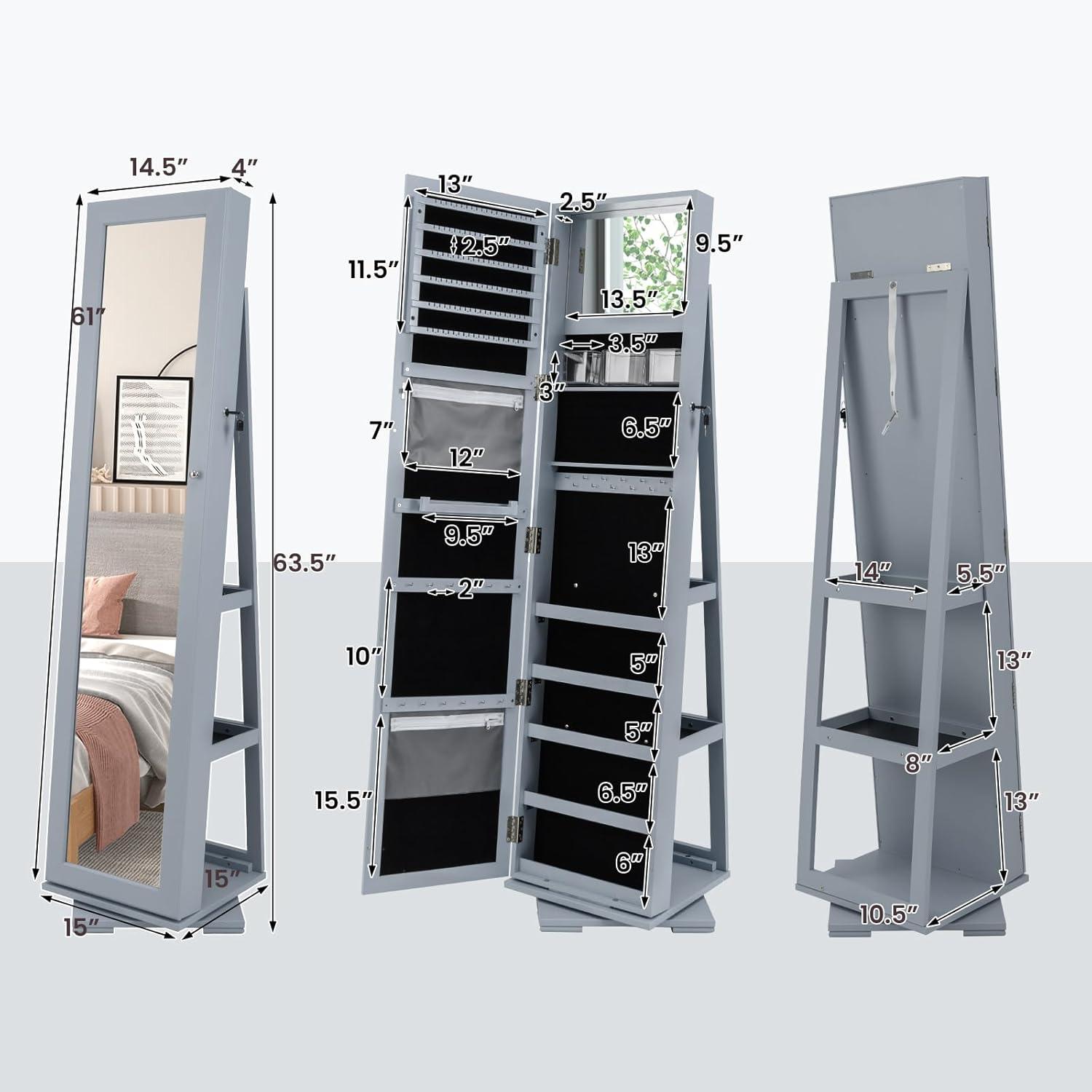 image:imageCHARMAID 360 Swivel Jewelry Armoire with Higher Full Length Mirror Standing Lockable Jewelry Cabinet Organizer with Large Storage Capacity Inside Makeup Mirror Back Storage Shelves WalnutGray