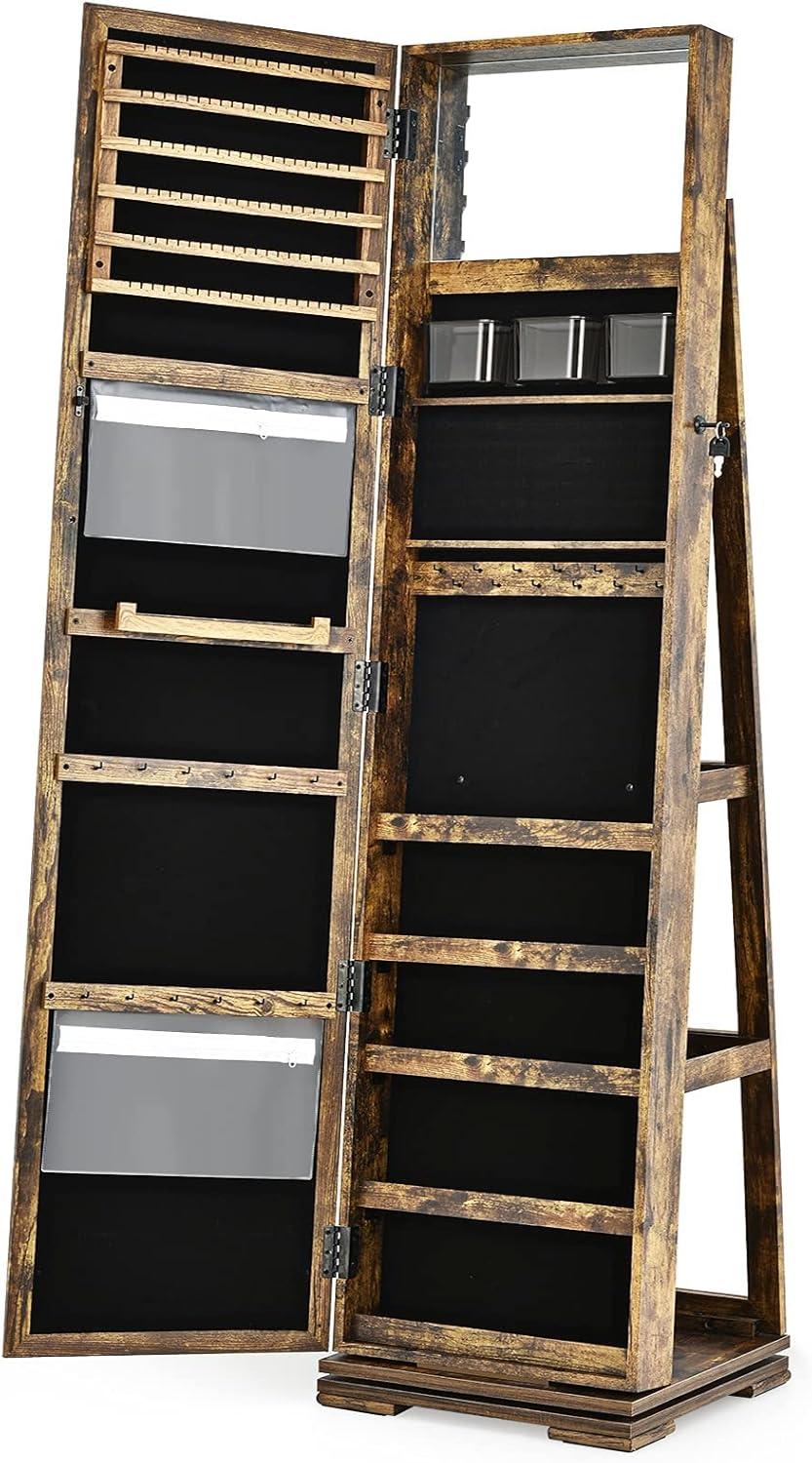image:imageCHARMAID 360 Swivel Jewelry Armoire with Higher Full Length Mirror Standing Lockable Jewelry Cabinet Organizer with Large Storage Capacity Inside Makeup Mirror Back Storage Shelves WalnutRustic Brown