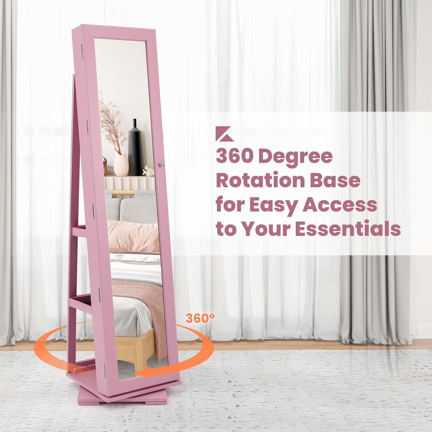 image:imageCHARMAID 360 Swivel Jewelry Armoire with Higher Full Length Mirror Standing Lockable Jewelry Cabinet Organizer with Large Storage Capacity Inside Makeup Mirror Back Storage Shelves WalnutPink