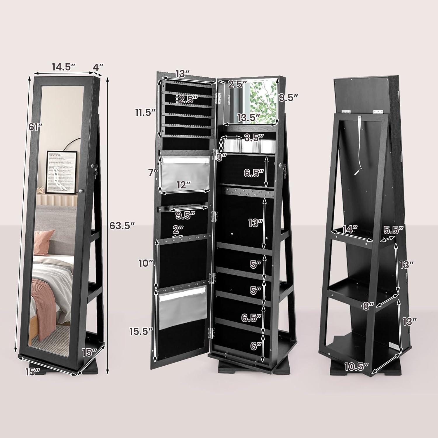 image:imageCHARMAID 360 Swivel Jewelry Armoire with Higher Full Length Mirror Standing Lockable Jewelry Cabinet Organizer with Large Storage Capacity Inside Makeup Mirror Back Storage Shelves WalnutBlack