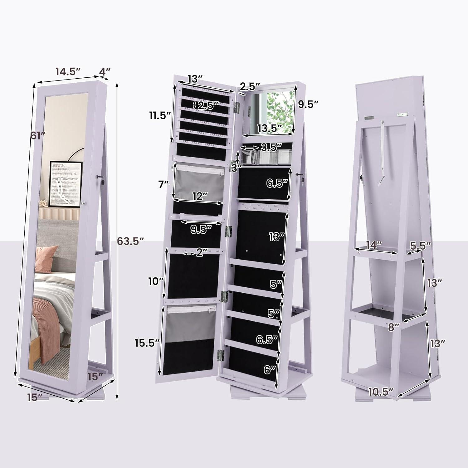 image:imageCHARMAID 360 Swivel Jewelry Armoire with Higher Full Length Mirror Standing Lockable Jewelry Cabinet Organizer with Large Storage Capacity Inside Makeup Mirror Back Storage Shelves WalnutLavender