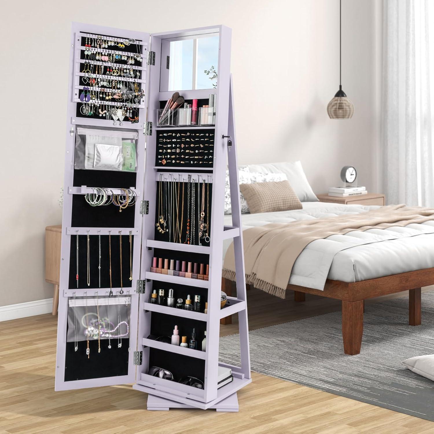 image:imageCHARMAID 360 Swivel Jewelry Armoire with Higher Full Length Mirror Standing Lockable Jewelry Cabinet Organizer with Large Storage Capacity Inside Makeup Mirror Back Storage Shelves WalnutLavender