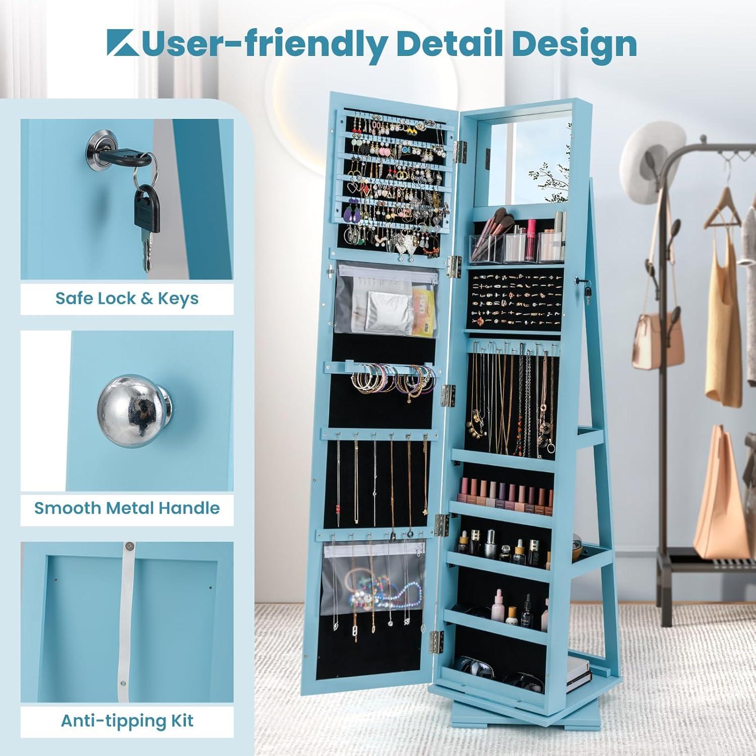 image:imageCHARMAID 360 Swivel Jewelry Armoire with Higher Full Length Mirror Standing Lockable Jewelry Cabinet Organizer with Large Storage Capacity Inside Makeup Mirror Back Storage Shelves WalnutSky Blue