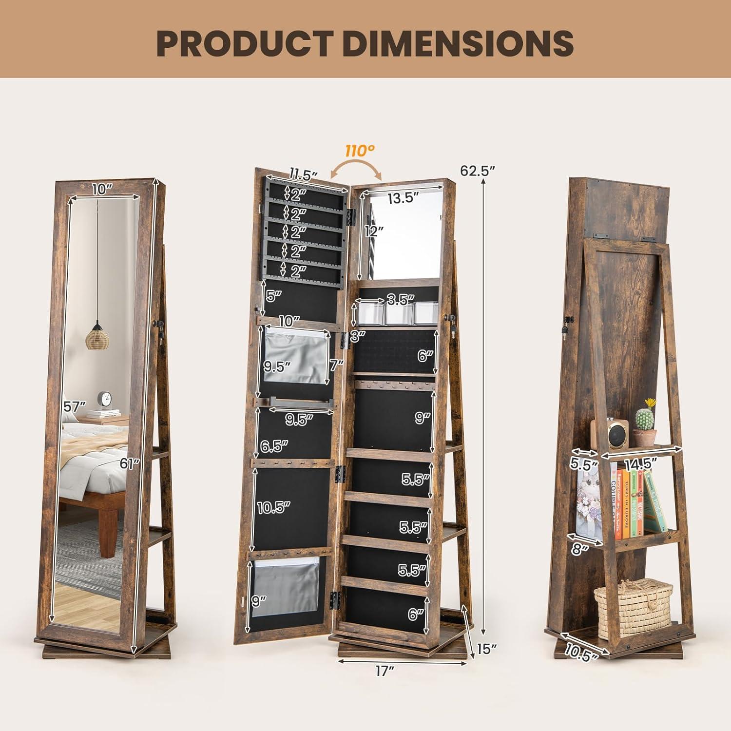 image:imageCHARMAID 360 Swivel Jewelry Armoire with Higher Full Length Mirror Standing Lockable Jewelry Cabinet Organizer with Large Storage Capacity Inside Makeup Mirror Back Storage Shelves WalnutVintage Brown