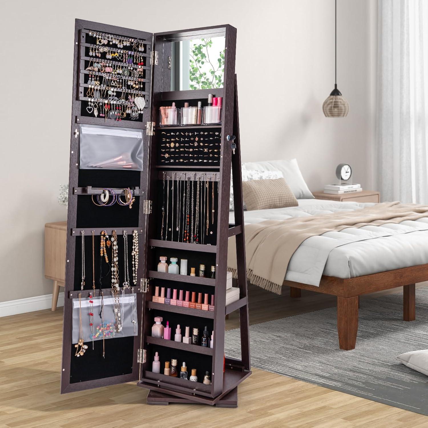 image:imageCHARMAID 360 Swivel Jewelry Armoire with Higher Full Length Mirror Standing Lockable Jewelry Cabinet Organizer with Large Storage Capacity Inside Makeup Mirror Back Storage Shelves WalnutEspresso