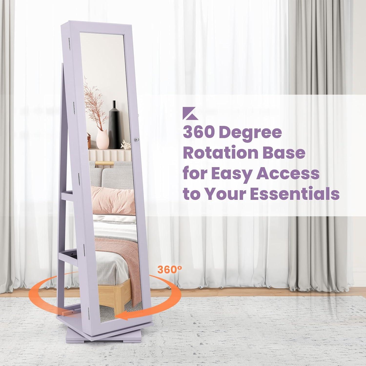 image:imageCHARMAID 360 Swivel Jewelry Armoire with Higher Full Length Mirror Standing Lockable Jewelry Cabinet Organizer with Large Storage Capacity Inside Makeup Mirror Back Storage Shelves WalnutLavender