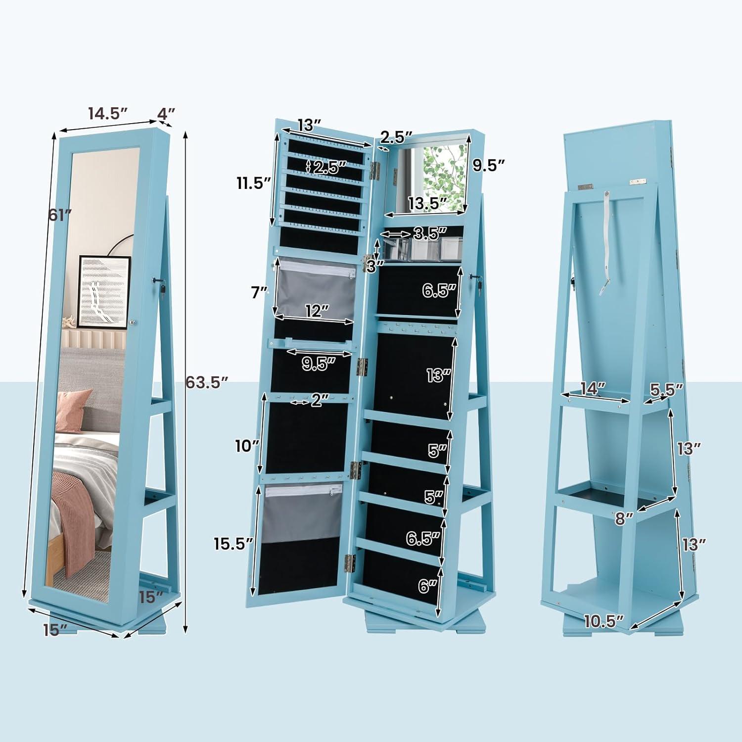 image:imageCHARMAID 360 Swivel Jewelry Armoire with Higher Full Length Mirror Standing Lockable Jewelry Cabinet Organizer with Large Storage Capacity Inside Makeup Mirror Back Storage Shelves WalnutSky Blue