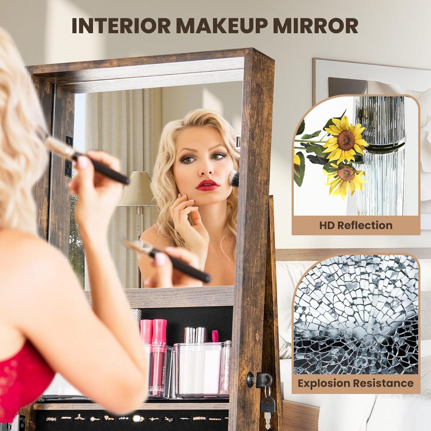image:imageCHARMAID 360 Swivel Jewelry Armoire with Higher Full Length Mirror Standing Lockable Jewelry Cabinet Organizer with Large Storage Capacity Inside Makeup Mirror Back Storage Shelves WalnutVintage Brown