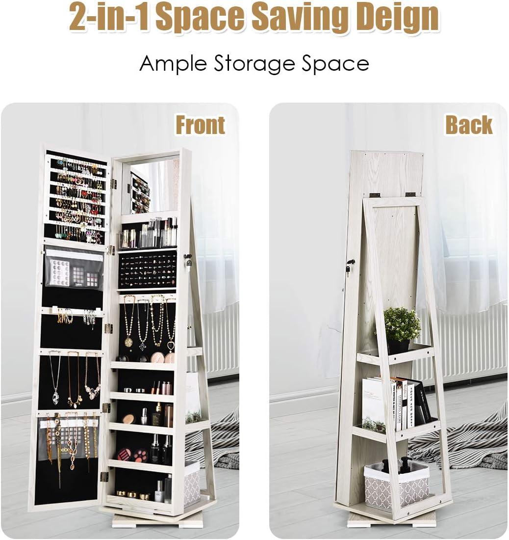 image:imageCHARMAID 360 Swivel Jewelry Armoire with Higher Full Length Mirror Standing Lockable Jewelry Cabinet Organizer with Large Storage Capacity Inside Makeup Mirror Back Storage Shelves WalnutGrayish White