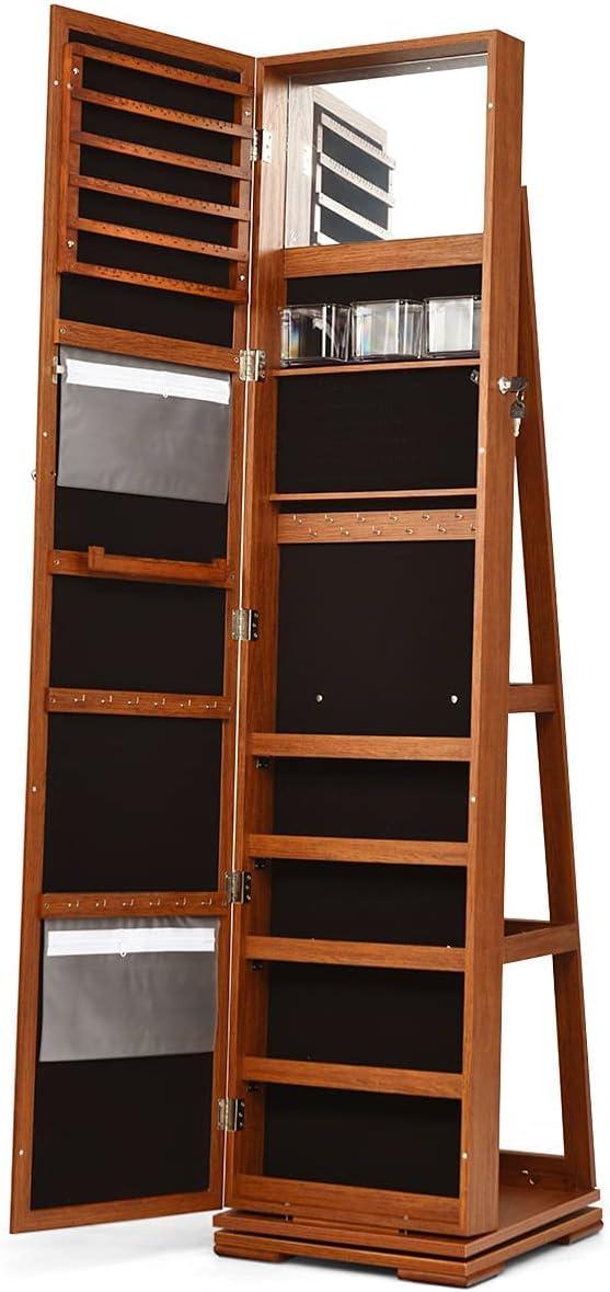 image:imageCHARMAID 360 Swivel Jewelry Armoire with Higher Full Length Mirror Standing Lockable Jewelry Cabinet Organizer with Large Storage Capacity Inside Makeup Mirror Back Storage Shelves WalnutWalnut