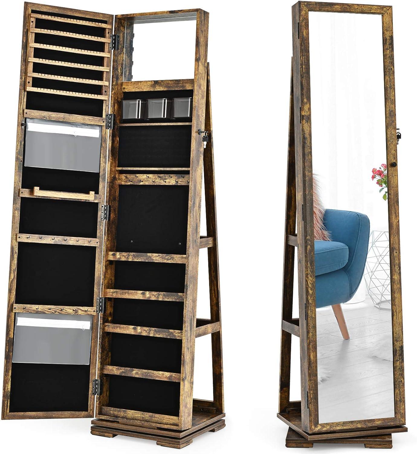 image:imageCHARMAID 360 Swivel Jewelry Armoire with Higher Full Length Mirror Standing Lockable Jewelry Cabinet Organizer with Large Storage Capacity Inside Makeup Mirror Back Storage Shelves WalnutRustic Brown