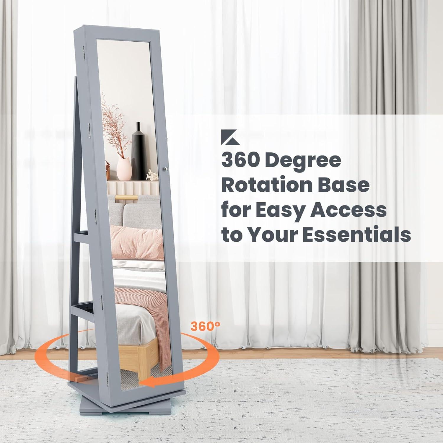 image:imageCHARMAID 360 Swivel Jewelry Armoire with Higher Full Length Mirror Standing Lockable Jewelry Cabinet Organizer with Large Storage Capacity Inside Makeup Mirror Back Storage Shelves WalnutGray