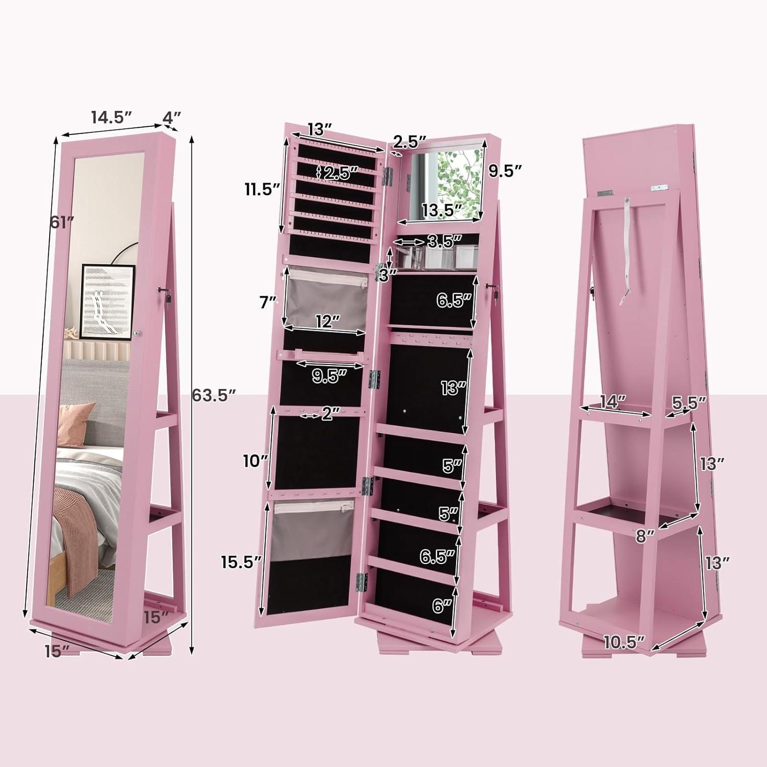 image:imageCHARMAID 360 Swivel Jewelry Armoire with Higher Full Length Mirror Standing Lockable Jewelry Cabinet Organizer with Large Storage Capacity Inside Makeup Mirror Back Storage Shelves WalnutPink