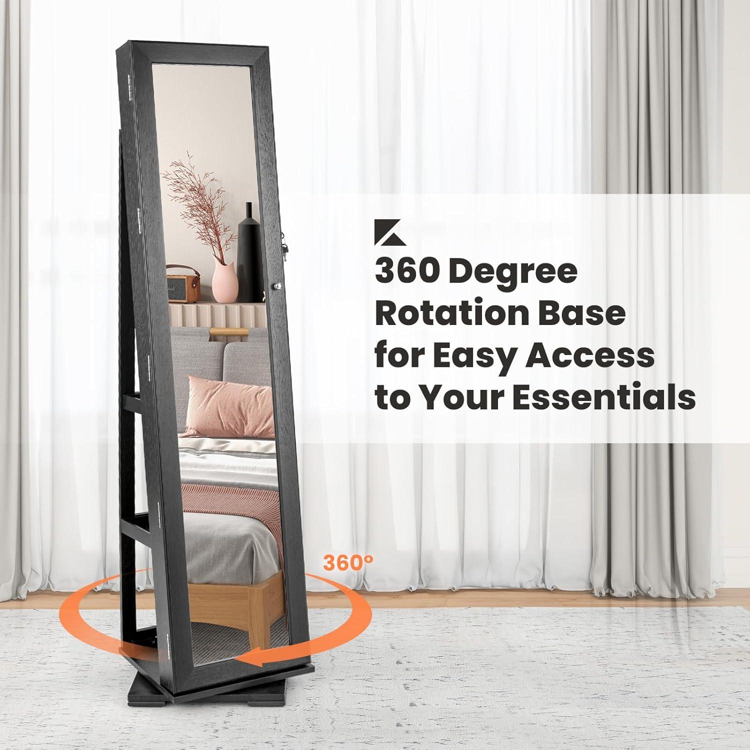 image:imageCHARMAID 360 Swivel Jewelry Armoire with Higher Full Length Mirror Standing Lockable Jewelry Cabinet Organizer with Large Storage Capacity Inside Makeup Mirror Back Storage Shelves WalnutBlack