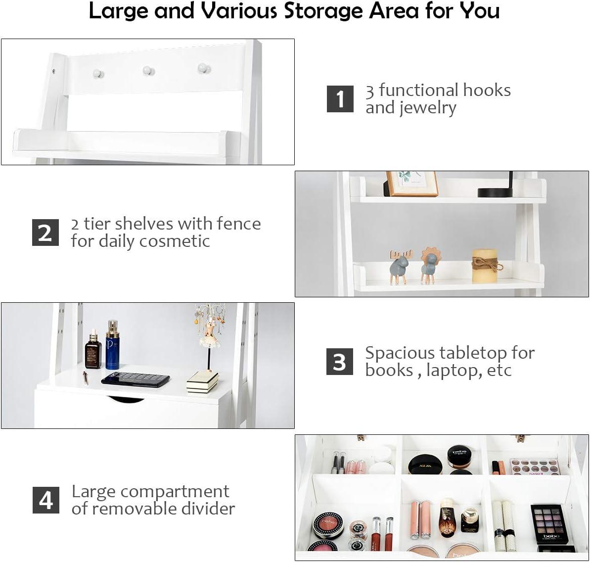 image:imageCHARMAID 3in1 Vanity Set with Flip Top Mirror 6 Makeup Organizers 2 Storage Shelves 3 Hat Hooks Vanity Table Desk Bookshelf with Cushioned Stool Ladder Makeup Vanity for Small Spaces White
