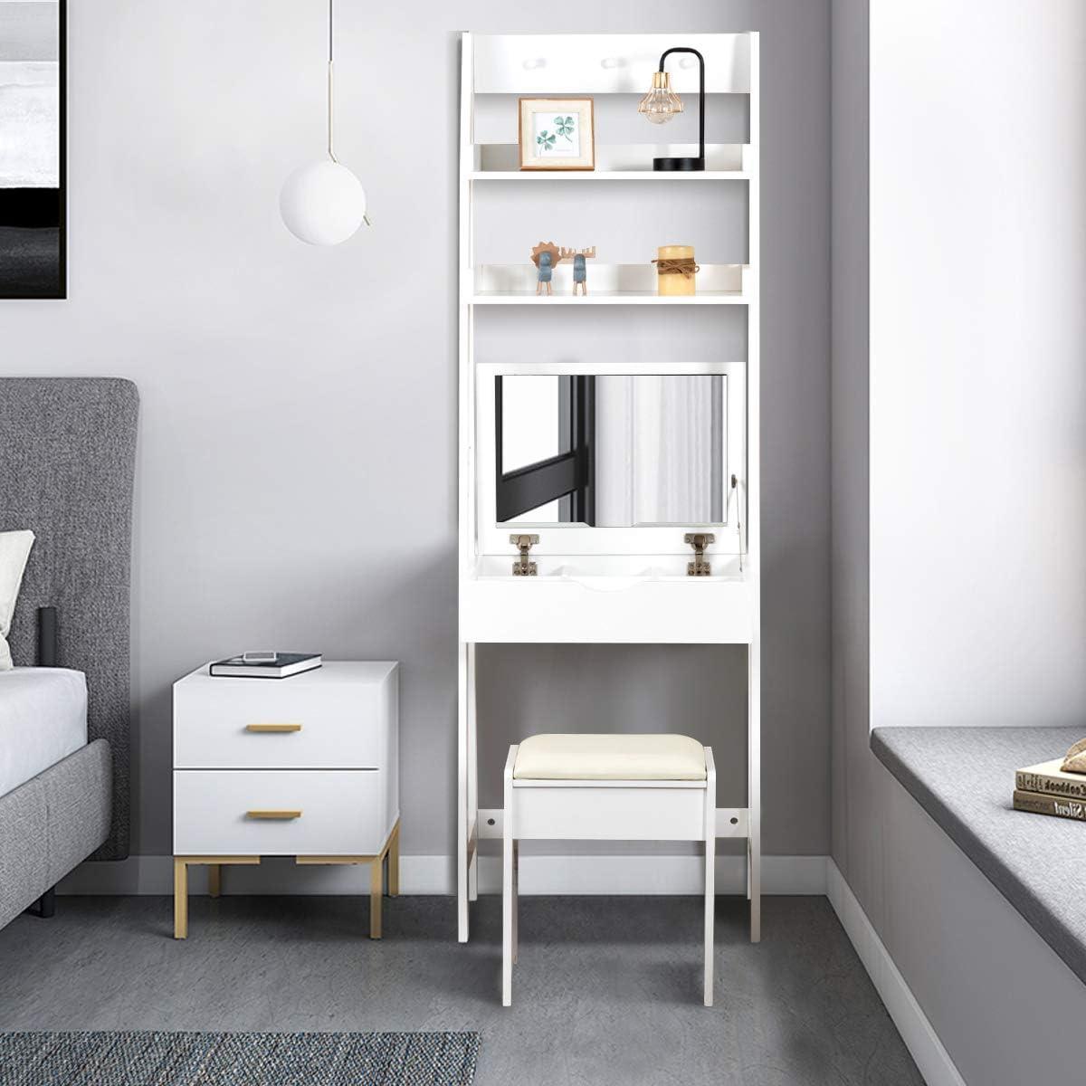 image:imageCHARMAID 3in1 Vanity Set with Flip Top Mirror 6 Makeup Organizers 2 Storage Shelves 3 Hat Hooks Vanity Table Desk Bookshelf with Cushioned Stool Ladder Makeup Vanity for Small Spaces White