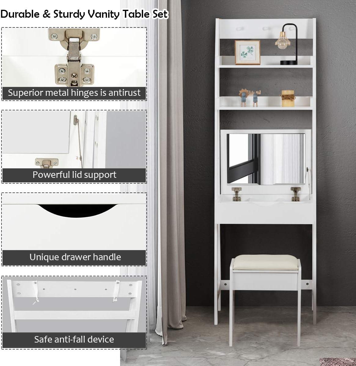 image:imageCHARMAID 3in1 Vanity Set with Flip Top Mirror 6 Makeup Organizers 2 Storage Shelves 3 Hat Hooks Vanity Table Desk Bookshelf with Cushioned Stool Ladder Makeup Vanity for Small Spaces White