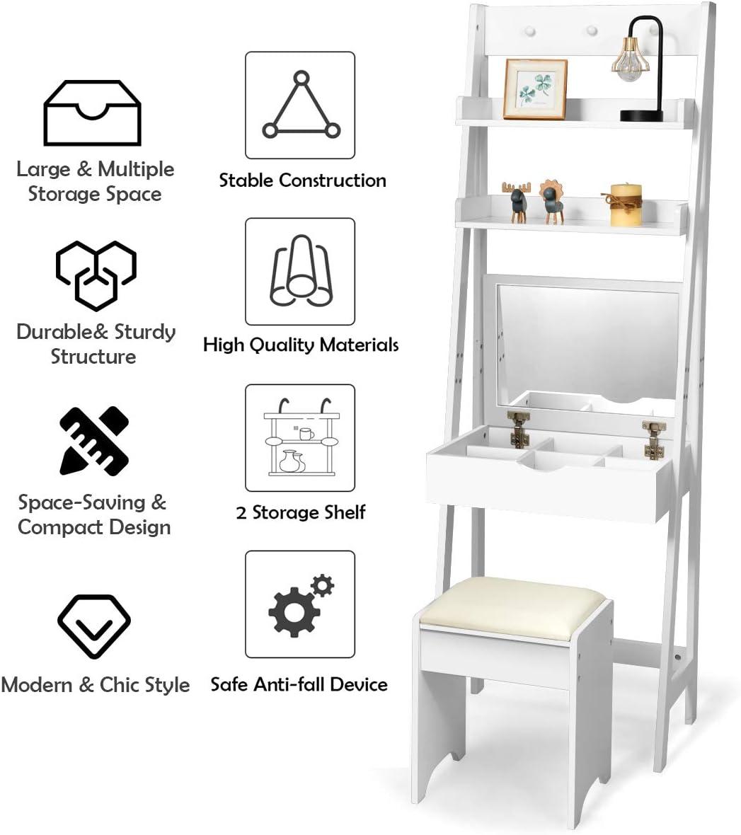 image:imageCHARMAID 3in1 Vanity Set with Flip Top Mirror 6 Makeup Organizers 2 Storage Shelves 3 Hat Hooks Vanity Table Desk Bookshelf with Cushioned Stool Ladder Makeup Vanity for Small Spaces White