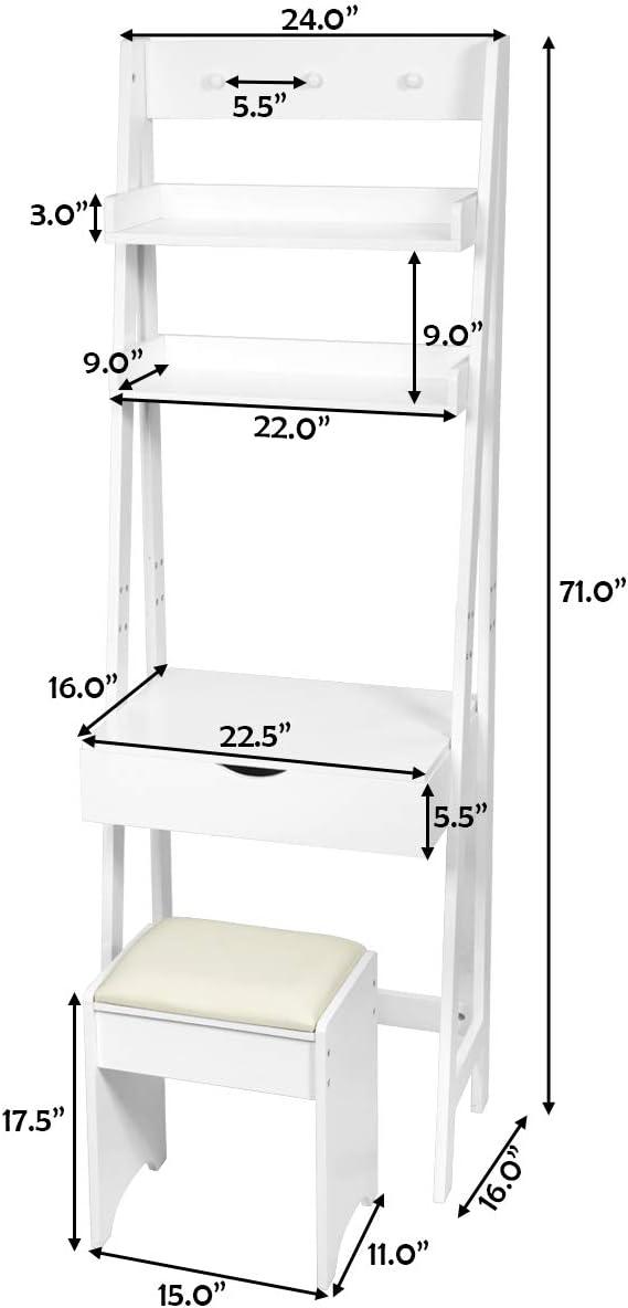 image:imageCHARMAID 3in1 Vanity Set with Flip Top Mirror 6 Makeup Organizers 2 Storage Shelves 3 Hat Hooks Vanity Table Desk Bookshelf with Cushioned Stool Ladder Makeup Vanity for Small Spaces White