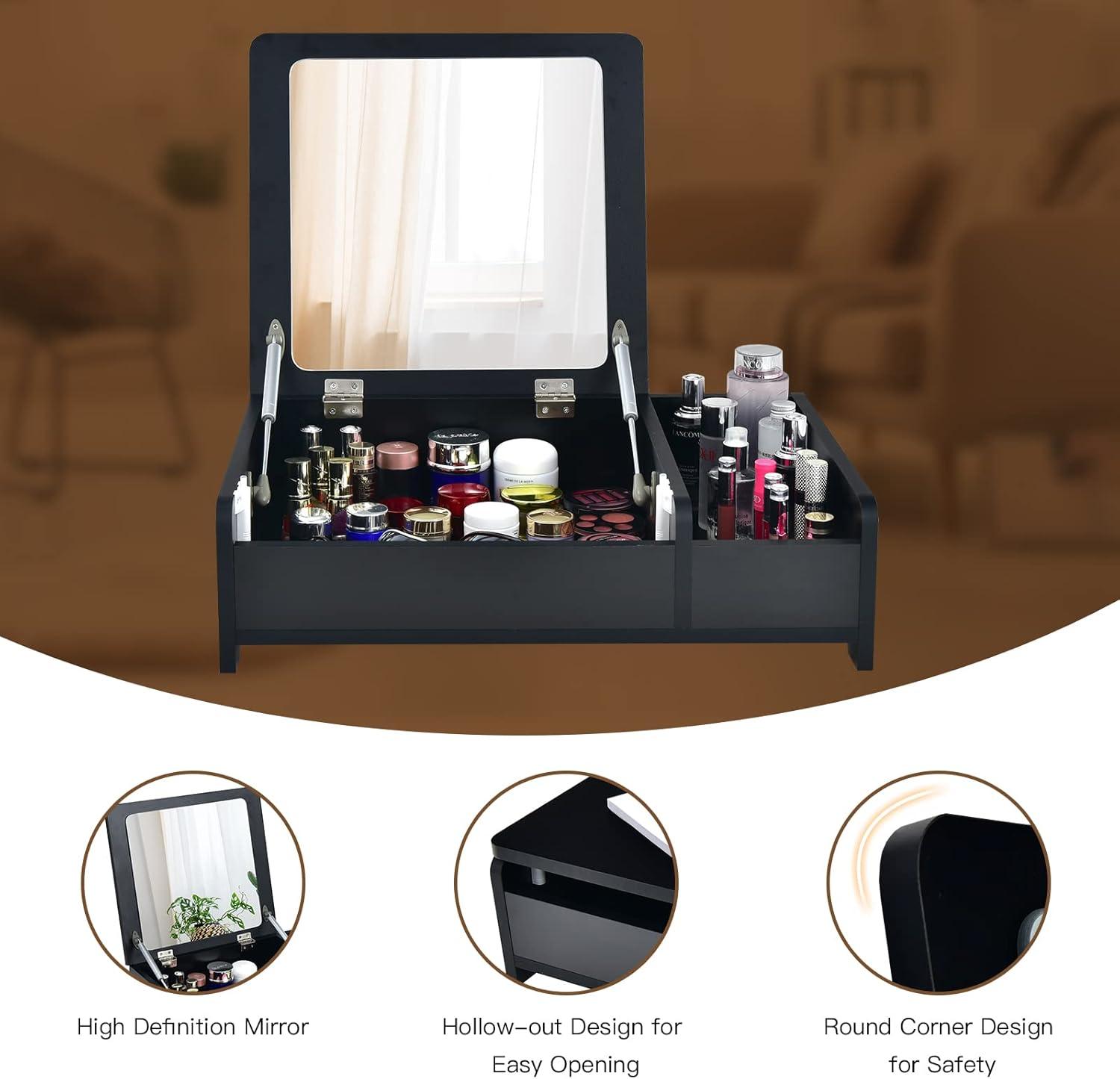 image:imageCHARMAID Countertop Vanity with Flip Top Mirror 24inch Tabletop Laptop Desk with 2 Compartments Organizer Modern Bedroom Makeup Dressing Vanity Mirror Cosmetic Storage Box Desktop BlackBlack