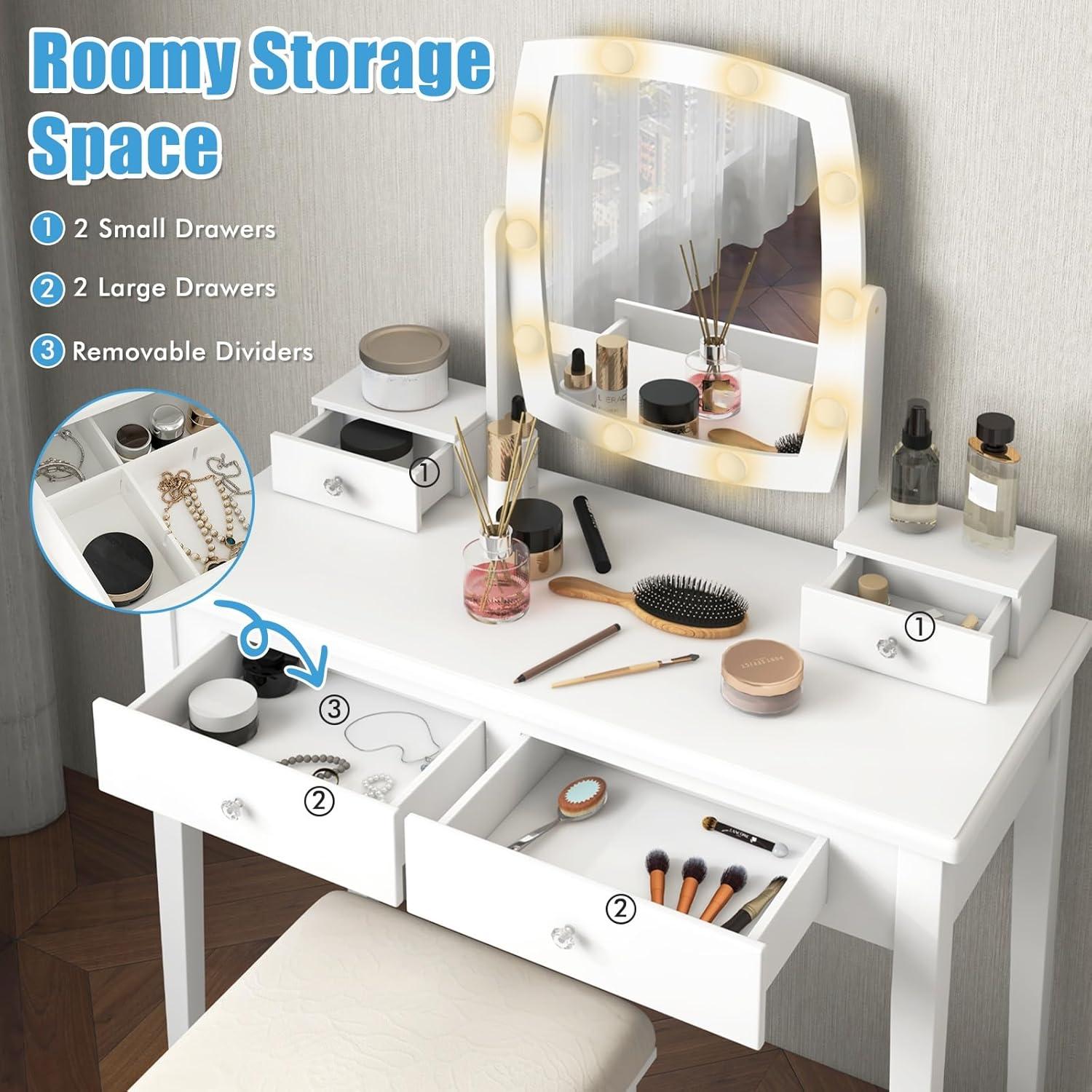 image:imageCHARMAID Girls Makeup Vanity Desk with Mirror and Lights Vanity Table with 10 LED Bulbs 3 Lighting Modes Modern Bedroom Dressing Table with 4 Storage Drawers amp Vanity Stool WhiteWhite