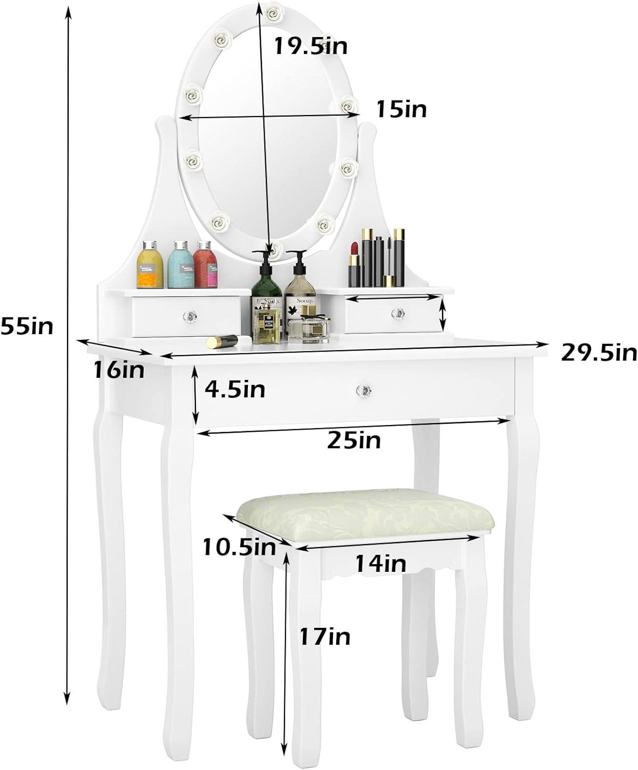 image:imageCHARMAID Girls Vanity Set with Lighted Mirror and Stool Princess Makeup Table with 10 Rose Lights and 3 Drawers White Dressing Desk with Rotatable Mirror and Cushioned Stool for Girls Kids