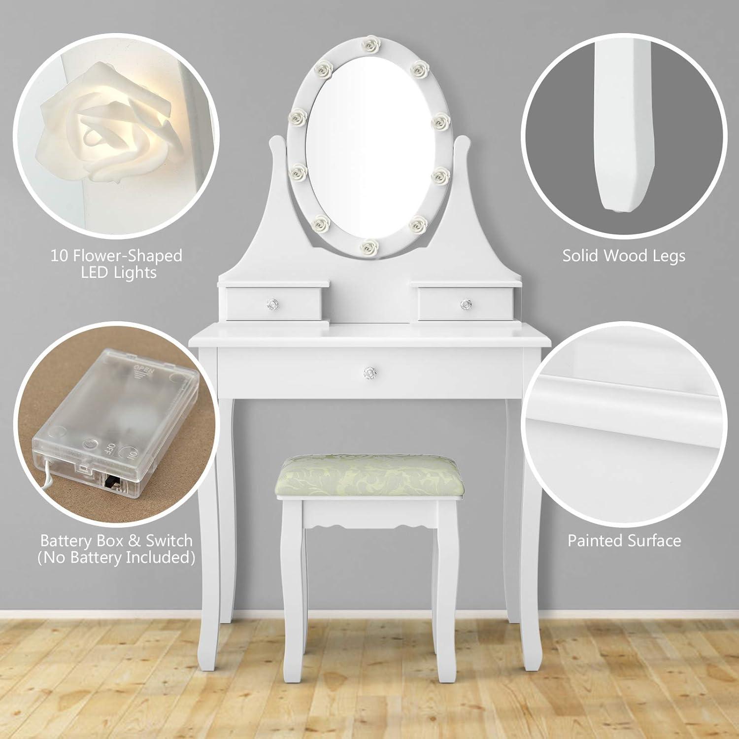 image:imageCHARMAID Girls Vanity Set with Lighted Mirror and Stool Princess Makeup Table with 10 Rose Lights and 3 Drawers White Dressing Desk with Rotatable Mirror and Cushioned Stool for Girls Kids