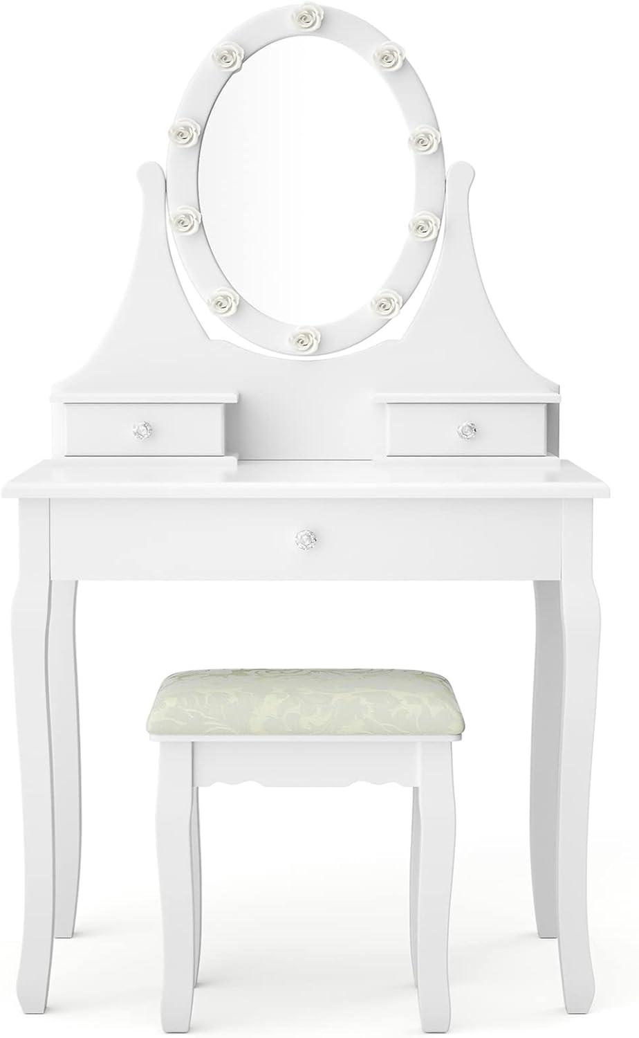 image:imageCHARMAID Girls Vanity Set with Lighted Mirror and Stool Princess Makeup Table with 10 Rose Lights and 3 Drawers White Dressing Desk with Rotatable Mirror and Cushioned Stool for Girls Kids