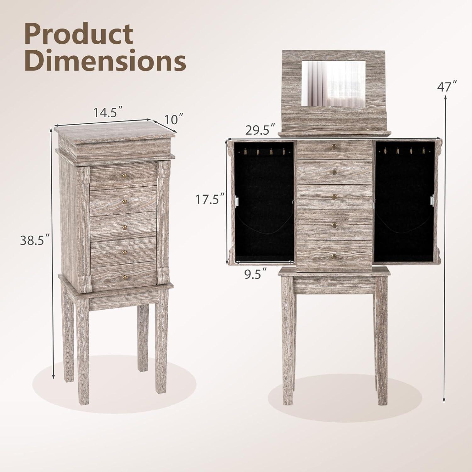 image:imageCHARMAID Gray Cabinet 5 Drawers Jewelry Armoire with Mirror Swing Doors Necklace Hooks Standing Organizer Large