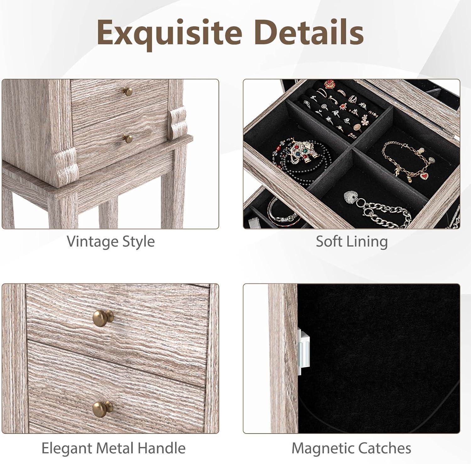 image:imageCHARMAID Gray Cabinet 5 Drawers Jewelry Armoire with Mirror Swing Doors Necklace Hooks Standing Organizer Large