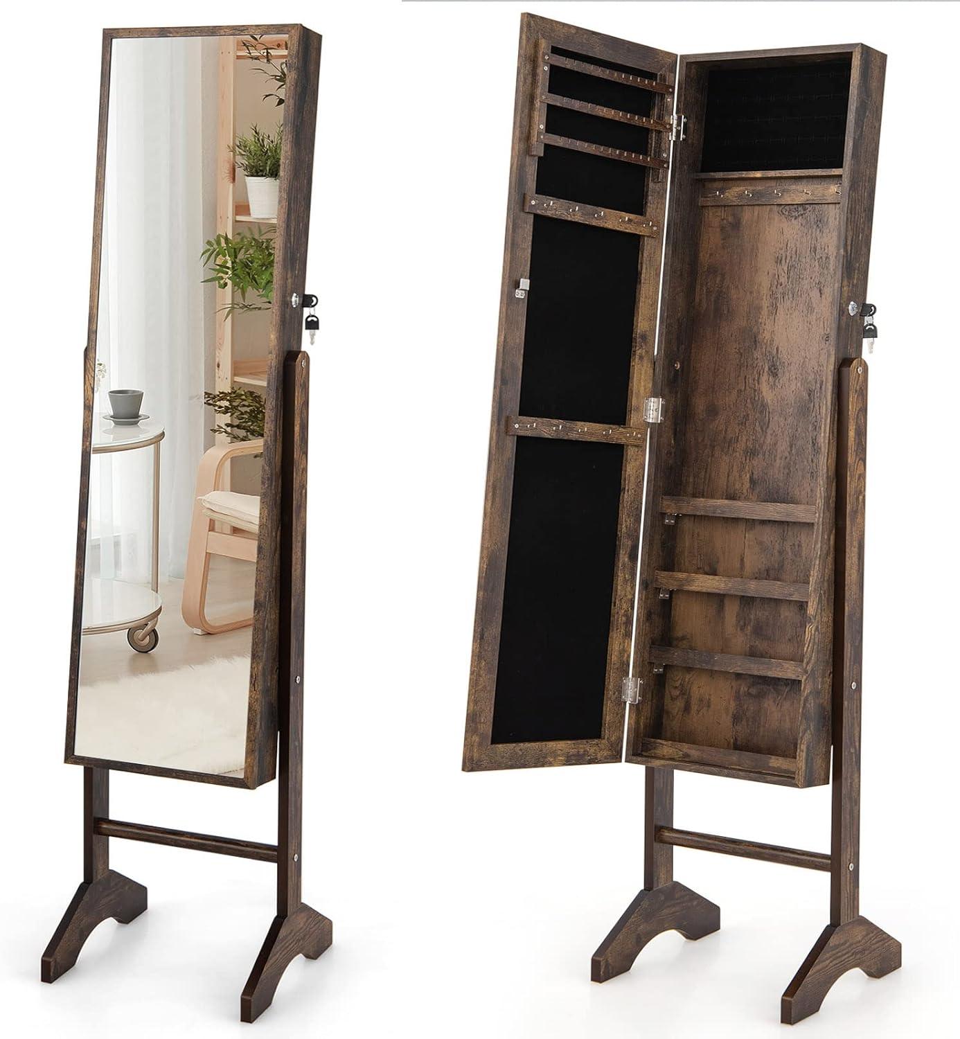 image:imageCHARMAID Jewelry Organizer with Full Length Mirror Standing Jewelry Armoire Cabinet with Lockable Door and 2 Keys Stand up Jewelry Box Mirror with Jewelry Storage Rustic BrownRustic Brown