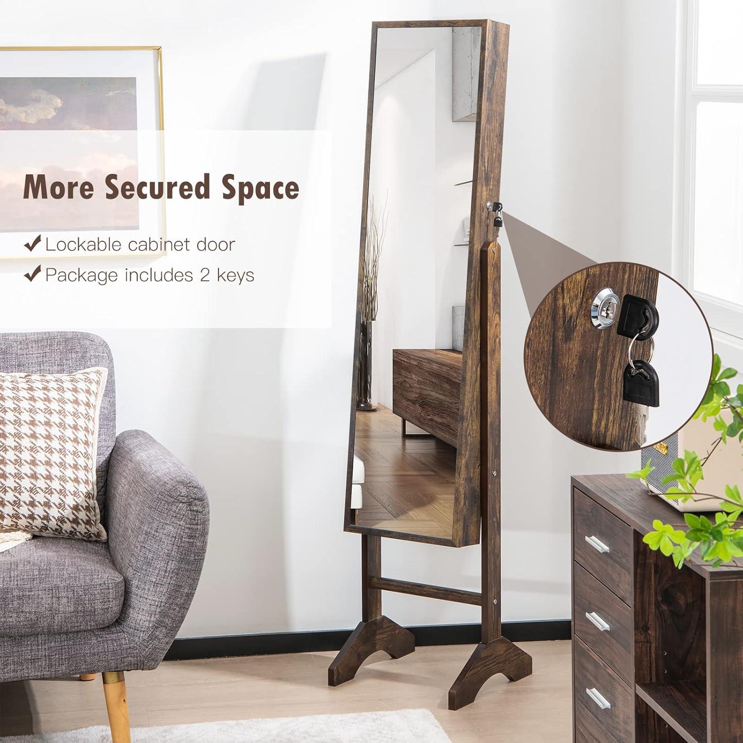 image:imageCHARMAID Jewelry Organizer with Full Length Mirror Standing Jewelry Armoire Cabinet with Lockable Door and 2 Keys Stand up Jewelry Box Mirror with Jewelry Storage Rustic BrownRustic Brown