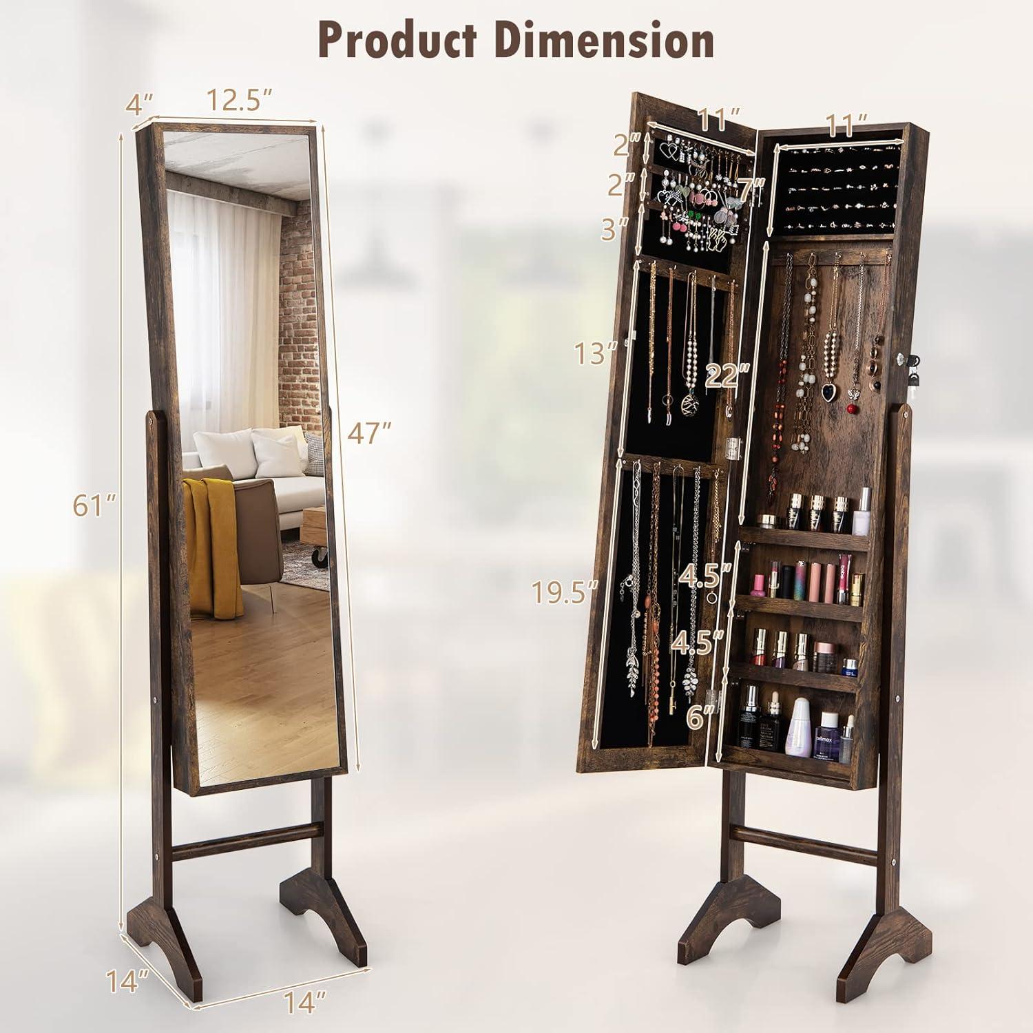 image:imageCHARMAID Jewelry Organizer with Full Length Mirror Standing Jewelry Armoire Cabinet with Lockable Door and 2 Keys Stand up Jewelry Box Mirror with Jewelry Storage Rustic BrownRustic Brown