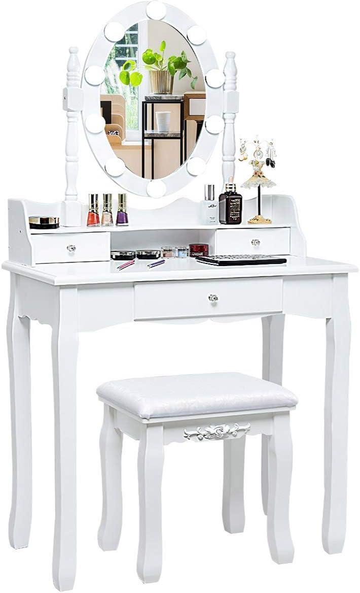 image:imageCHARMAID LED Vanity Desk with Lighted Mirror 10 Dimming Bulbs 5 Drawers 3 Storage Organizers Makeup Vanity Desk with Stool Bedroom Dressing Table Gift for Girls Women WhiteWhite