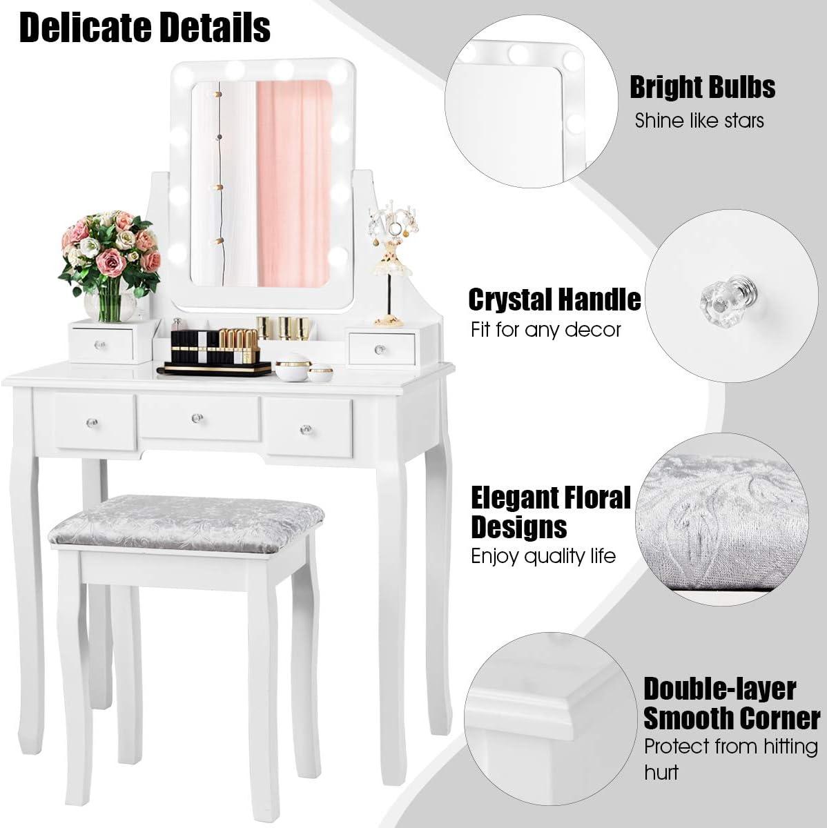 image:imageCHARMAID LED Vanity Desk with Lighted Mirror 10 Dimming Bulbs 5 Drawers 3 Storage Organizers Makeup Vanity Desk with Stool Bedroom Dressing Table Gift for Girls Women WhiteWhite