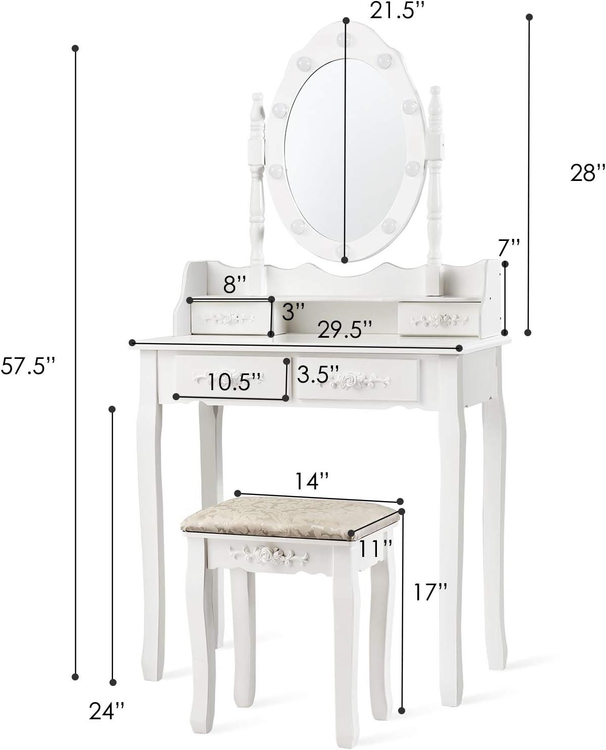 image:imageCHARMAID LED Vanity Desk with Lighted Mirror 10 Dimming Bulbs 5 Drawers 3 Storage Organizers Makeup Vanity Desk with Stool Bedroom Dressing Table Gift for Girls Women WhiteWhite