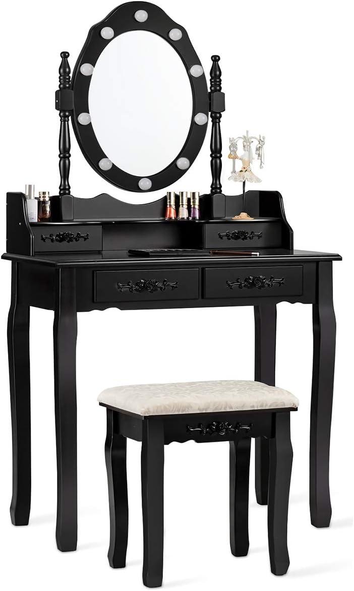 image:imageCHARMAID LED Vanity Desk with Lighted Mirror 10 Dimming Bulbs 5 Drawers 3 Storage Organizers Makeup Vanity Desk with Stool Bedroom Dressing Table Gift for Girls Women WhiteBlack