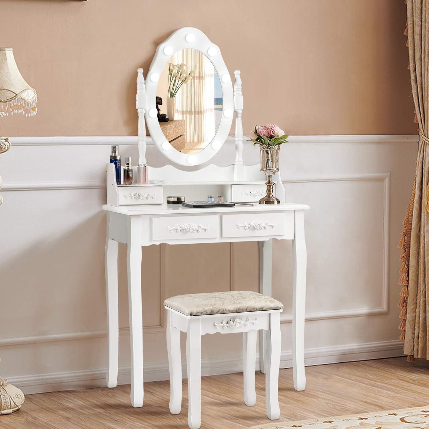 image:imageCHARMAID LED Vanity Desk with Lighted Mirror 10 Dimming Bulbs 5 Drawers 3 Storage Organizers Makeup Vanity Desk with Stool Bedroom Dressing Table Gift for Girls Women WhiteWhite