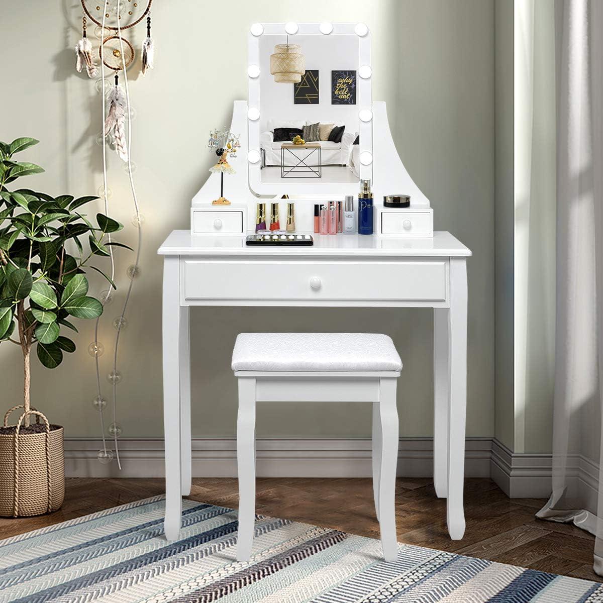 image:imageCHARMAID LED Vanity Desk with Lighted Mirror 10 Dimming Bulbs 5 Drawers 3 Storage Organizers Makeup Vanity Desk with Stool Bedroom Dressing Table Gift for Girls Women WhiteWhite