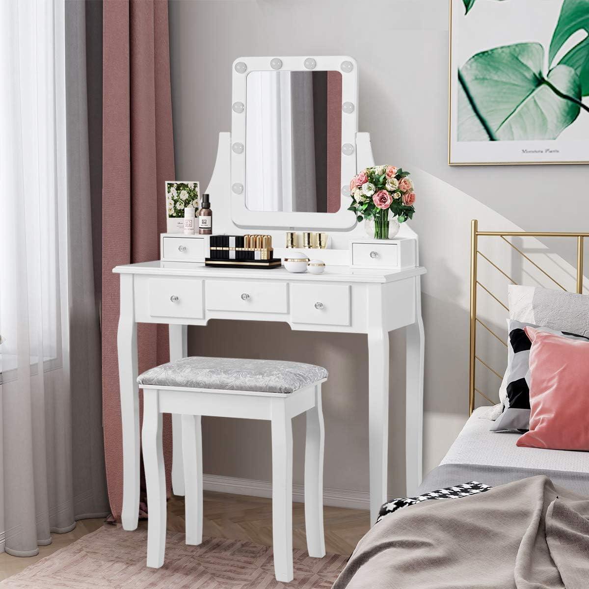 image:imageCHARMAID LED Vanity Desk with Lighted Mirror 10 Dimming Bulbs 5 Drawers 3 Storage Organizers Makeup Vanity Desk with Stool Bedroom Dressing Table Gift for Girls Women WhiteWhite