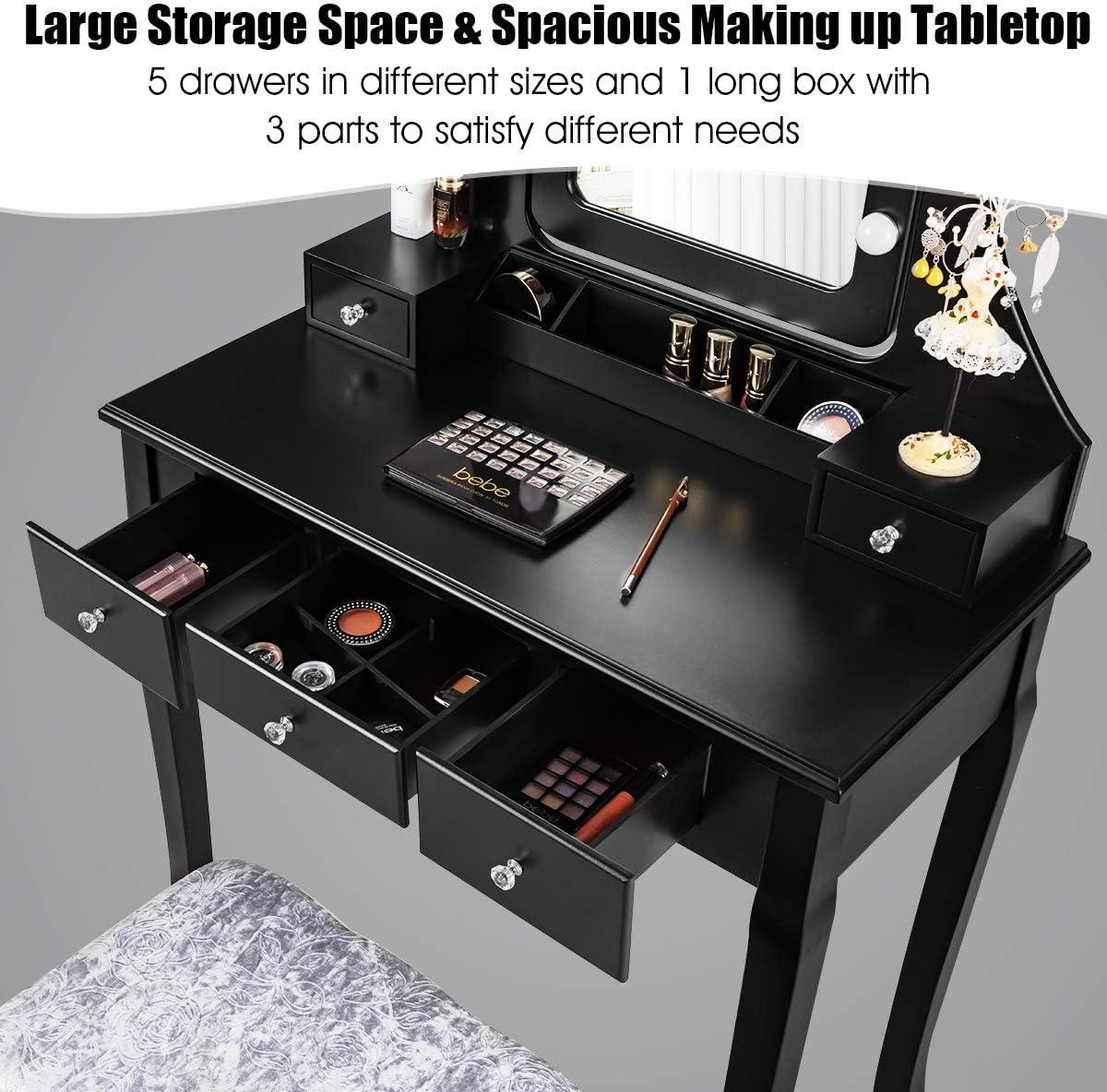 image:imageCHARMAID LED Vanity Desk with Lighted Mirror 10 Dimming Bulbs 5 Drawers 3 Storage Organizers Makeup Vanity Desk with Stool Bedroom Dressing Table Gift for Girls Women WhiteBlack