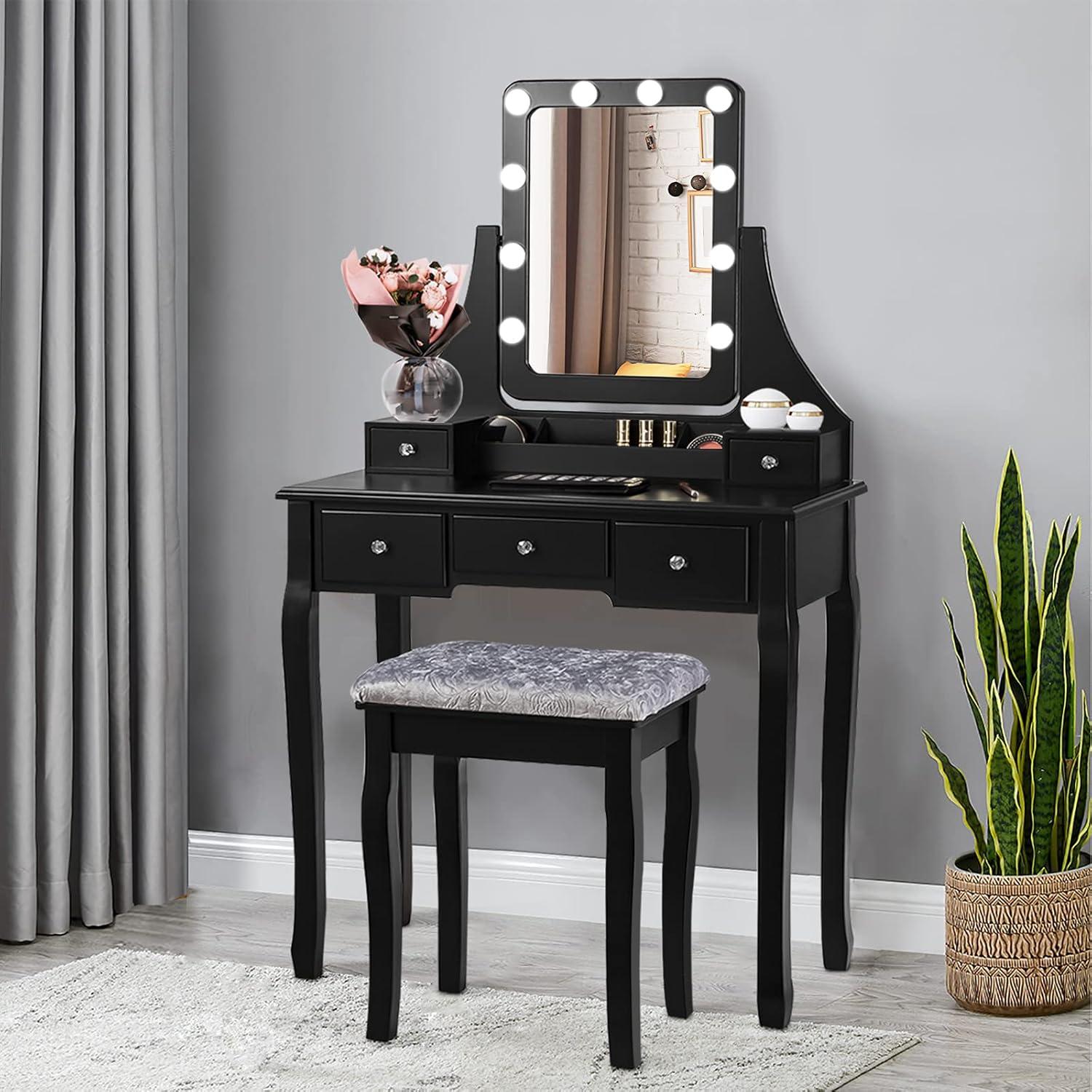 image:imageCHARMAID LED Vanity Desk with Lighted Mirror 10 Dimming Bulbs 5 Drawers 3 Storage Organizers Makeup Vanity Desk with Stool Bedroom Dressing Table Gift for Girls Women WhiteBlack