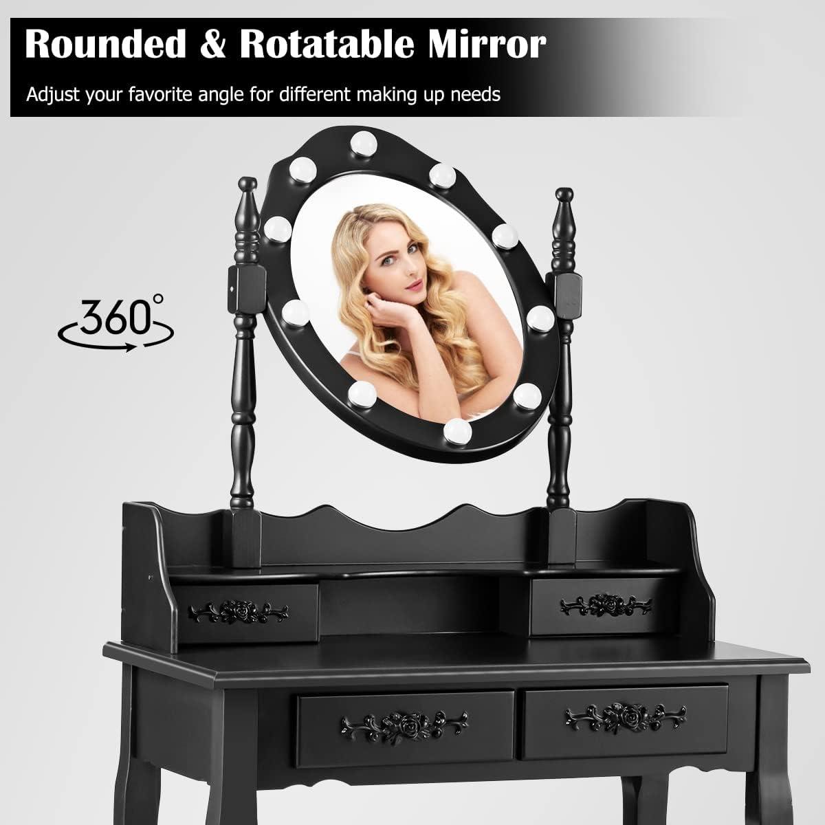 image:imageCHARMAID LED Vanity Desk with Lighted Mirror 10 Dimming Bulbs 5 Drawers 3 Storage Organizers Makeup Vanity Desk with Stool Bedroom Dressing Table Gift for Girls Women WhiteBlack