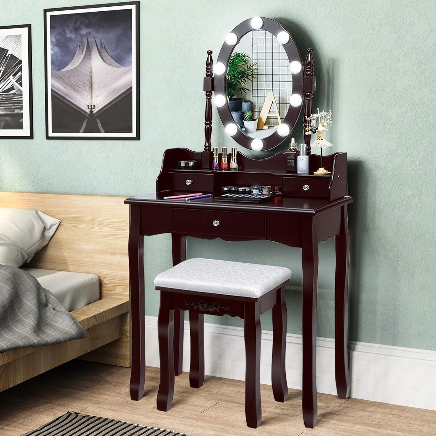 image:imageCHARMAID LED Vanity Desk with Lighted Mirror 10 Dimming Bulbs 5 Drawers 3 Storage Organizers Makeup Vanity Desk with Stool Bedroom Dressing Table Gift for Girls Women WhiteEspresso