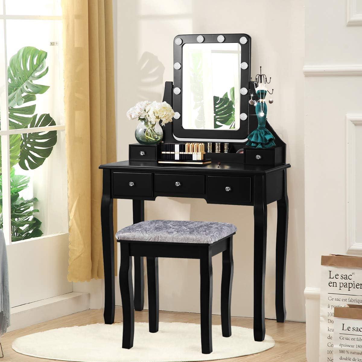 image:imageCHARMAID LED Vanity Desk with Lighted Mirror 10 Dimming Bulbs 5 Drawers 3 Storage Organizers Makeup Vanity Desk with Stool Bedroom Dressing Table Gift for Girls Women WhiteBlack